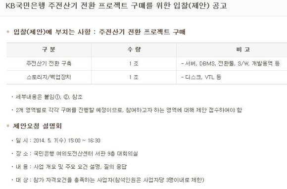 KB국민은행이 계정계 시스템으로 운영해오던 메인프레임을 유닉스 계열의 오픈 환경으로 전환한다. 최근 공고된 주전산기 전환 프로젝트 구매를 위한 입찰 공고 