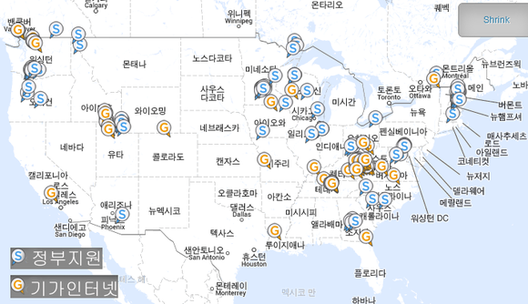 미국의 기가인터넷 서비스 지역. (출처 Community broadband network) 