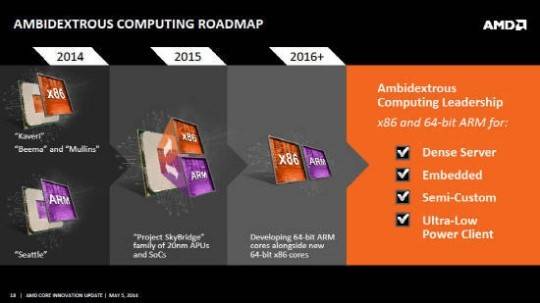 AMD는 2015년 x86 플랫폼과 호환되는 신규 ARM 프로세서를 선보이고, 2016년에는 ARM의 코어 설계자산(IP)을 재설계해 독자 제품으로 내놓겠다는 계획을 발표한 바 있다 