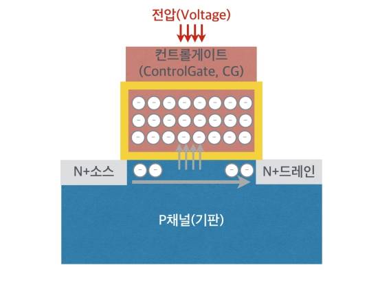 플로팅게이트는 절연체인 산화막으로 둘러쌓여 있다. 기본적으로 닫힌 상태다. 그러나 컨트롤게이트(ControlGate, CG)에서 높은 (+)전압(Voltage)을 걸어주면 (-)전자가 산화막을 통과해 플로팅게이트로 들어간다. 이것이 바로 낸드플래시 메모리의 ‘쓰기’ 작업이다. 업계에선 이를 터널 주입(Tunnel Injection)이라고 한다. 이렇게 산화막을 통과해 플로팅게이트에 저장된 전자는 갇힌 상태가 되며, 전원이 공급되지 않더라도 그대로 유지된다. 전원을 끊어도 데이터가 삭제되지 않는 ‘비휘발성’ 특성은 바로 이러한 원리로 만들어진다. 