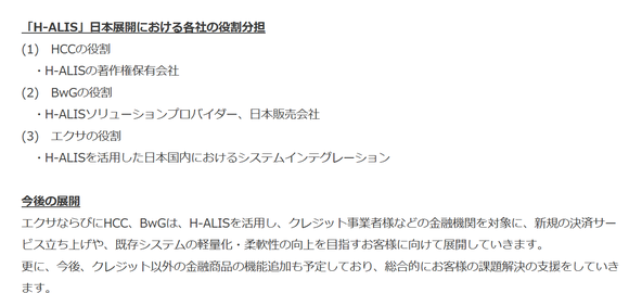 (2019.3.5) 일본의 PRTIMES가 보도한 'H-ALIS' 관련 내용. 현대카드와 뱅크웨어글로벌, 일본 엑사시스템즈의 역할이 각각 명시됐다. 