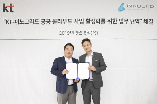 KT 클라우드사업 담당 김주성 상무(사진 오른쪽)와 이노그리드 김명진 대표 