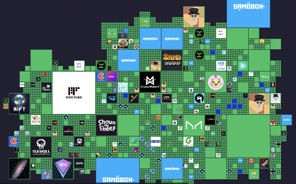 더 샌드박스 속 '랜드'로 이루어진 지도. 소유권자들이 각자의 로고를 활용해 영역 표시를 해놨다. 각 랜드는 NFT이며, 소유권은 블록체인으로 증명된다./더 샌드박스 이용화면 캡처 