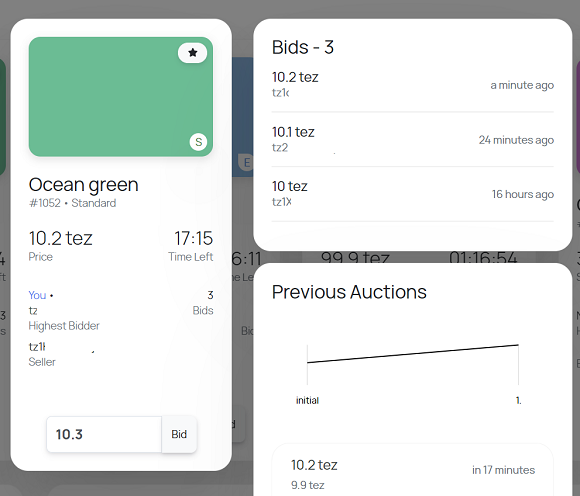 오션 그린 색 NFT의 경매가 진행되는 과정. 지금까지 참여자들이 비딩한 가격과 참여자들의 블록체인 상 지갑 주소를 확인할 수 있다./tzcolors 캡처 