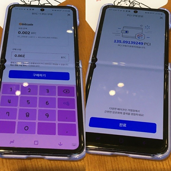 페이코인 앱으로 비트코인을 보내고, 보낸 비트코인으로 페이코인을 사서 결제하는 방식이다./페이코인 앱 이용화면. 