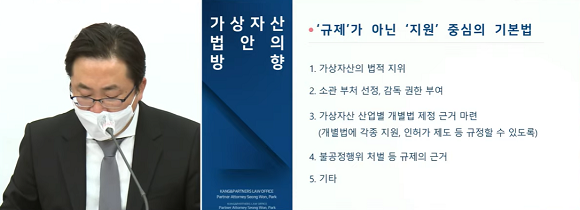 1일 윤창현 국민의힘 의원실이 주최한 ‘가상자산산업기본법 제정을 위한 입법 토론회’에서 발제를 맡은 박성원 변호사가 발표하고 있다. 