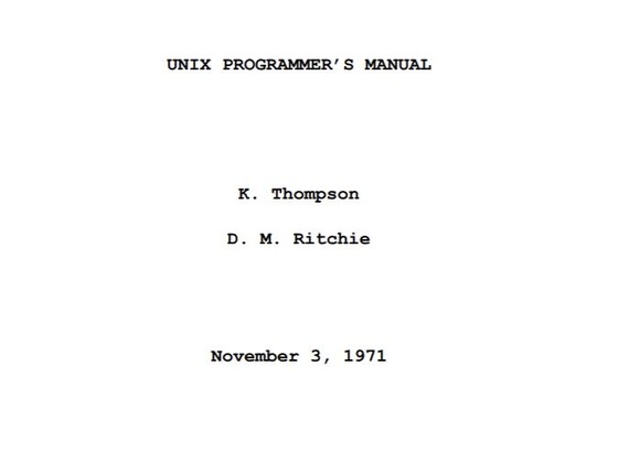 1971년 11월 3일 ‘유닉스 프로그래머 매뉴얼(Unix Programmer's Manual)’의 초판 표지 