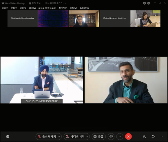 시스코 웹엑스를 이용한 시스코 APJC 온라인 간담회. 중앙 왼쪽부터 시스코 APJC 푸닛 싱 커뮤니케이션 총괄, 하리하란 소프트웨어, 클라우드 및 협업 부문 총괄 