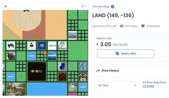 NFT 거래 플랫폼 오픈씨에서 3.04ETH(26일 기준 약 1650만원) 가격 제안을 받은 랜드./오픈씨 캡처 
