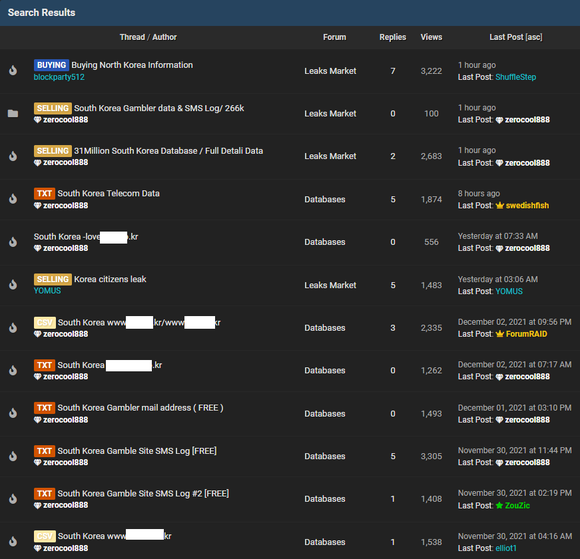 다크웹 포럼서 업로드되는 한국 정보 