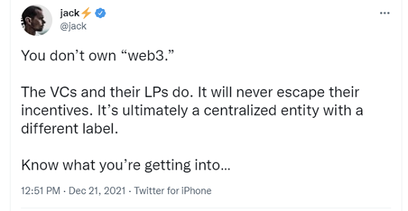 웹 3.0을 비판하는 잭 도시의 트윗./출처=트위터 캡처 