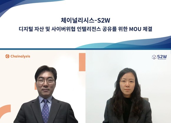 왼쪽부터 체이널리시스 백용기 지사장, S2W 이지원 부대표 