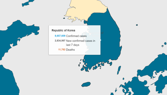 국내 코로나19 확진 현황을 보여주는 지표 (출처: WHO 홈페이지) 