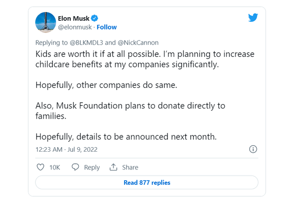 일론 머스크의 '출산 장려 정책' 계획을 밝히는 트윗 갈무리. (출처:@elonmusk 트위터) 