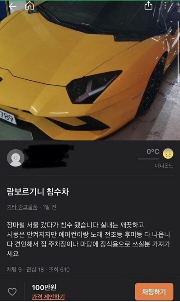 당근마켓에 올라온 람보르기니 침수차량 판매글 갈무리. 