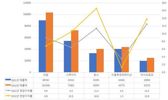 2021-2022년 상반기 안랩, 시큐아이, 윈스, 이글루코퍼레이션, 파이오링크 실적. (단위: 백만원) 