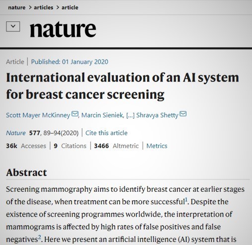 구글의 유방암 AI 시스템 연구를 소개하는, 2020년 1월 1일 자 네이처지 갈무리. 