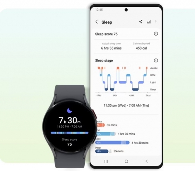 삼성헬스와 갤럭시워치를 이용한 수면관리 기능 예시. [사진=삼성전자]