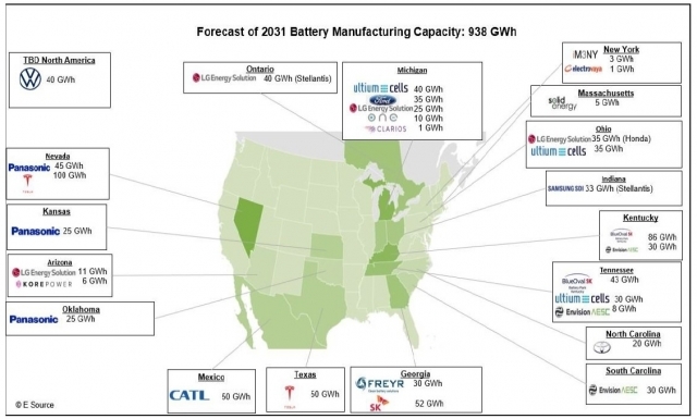 2031년 미국 내 배터리 제조시설 생산능력 예상치. [자료=NAATBatt International]