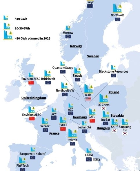 EU 역내 배터리 기가팩토리 건설 플랜 (2025년 462GWh 규모 목표). [자료=Transport & Environment]