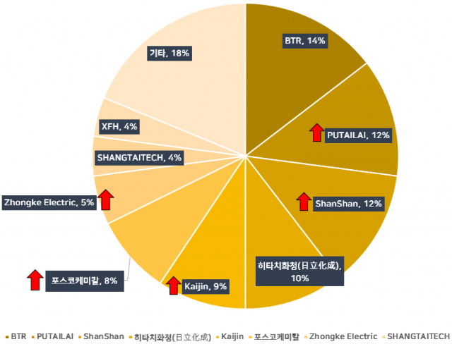 2020년 글로벌 음극재 시장 점유율. BTR을 비롯한 중국 기업들이 강세다. [ⓒ 코트라, GGII]