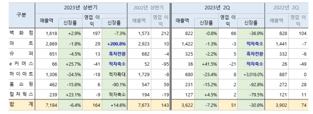 롯데쇼핑 올해 상반기 및 2분기 사업부별 실적 요약 (딘위: 십억원)