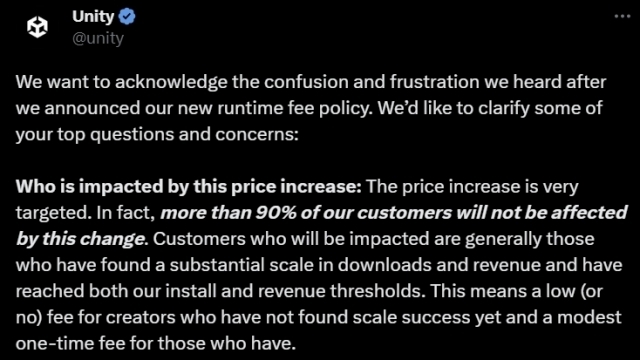 신규 과금 체계 논란에 유니티(Unity)가 X(엑스·구 트위터)에 남긴 해명 갈무리. [ⓒX]
