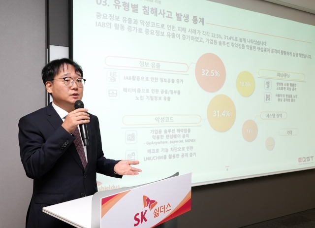 12월5일 2023년 보안 위협 동향 및 2024년 전망에 대해 브리핑 중인 SK쉴더스 EQST 이재우 그룹장 ⓒSK쉴더스