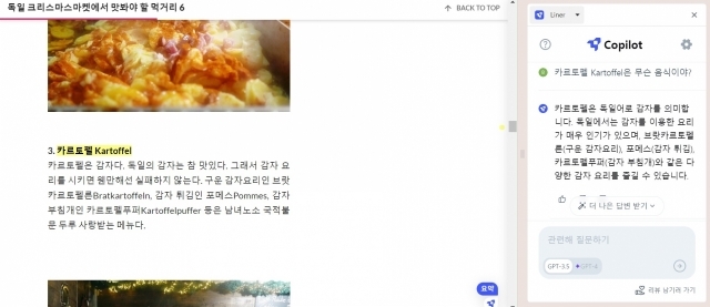 '카르토펠'을 하이라이트 한 뒤 라이너 코파일럿에게 '카르토펠은 무슨 음식이야?'라고 물어보자 제시된 답변. GPT-3.5은 답변이 빨랐던 반면, GPT-4는 '일시적인 트래픽 증가'를 이유로 오류가 잦았다. [ⓒ 넥스트시티가이드 내 라이너 활용 캡처]