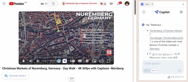 라이너 코파일럿은 독일 뉘른베르크 크리스마스 마켓에 대한 유튜브 영상을 요약해줄 수도 있었다. 해당 영상은 영어로 구성된 만큼, 즉각적으로 번역을 요청할 수도 있었다. [ⓒ 프로워크 투어스 유튜브 영상 내 라이너 코파일럿 작동 화면 캡처]