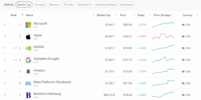 미 증시 시가총액 순위. [자료=컴퍼니스마켓캡(Companiesmarketcap)]