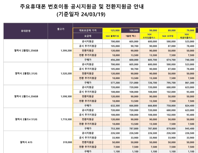 SK텔레콤의 주요휴대폰 번호이동 공시지원금 및 전환지원금(19일 기준).