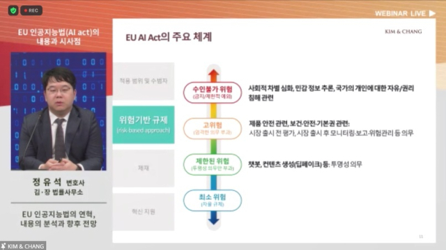 'EU AI법의 내용과 시사점'을 주제로 열린 웨비나에서 ‘EU AI법의 연혁, 내용의 분석과 향후 전망’을 주제로 김앤장 법률사무소 정유석 변호사가 발표중인 모습 [ⓒ웨비나 캡처]