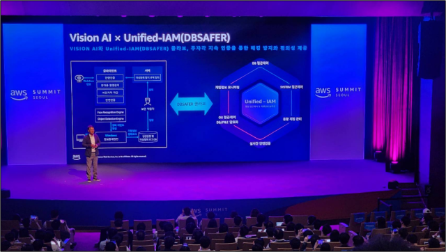 김충일 피앤피시큐어 기술 본부장이 17일 ‘AWS Summit Seoul 2024’에서 ‘데이터베이스 보안의 미래를 위한 접근제어시스템의 혁신과 패러다임 전환’을 주제로 강연을 진행하고 있다. [ⓒ피앤피시큐어]