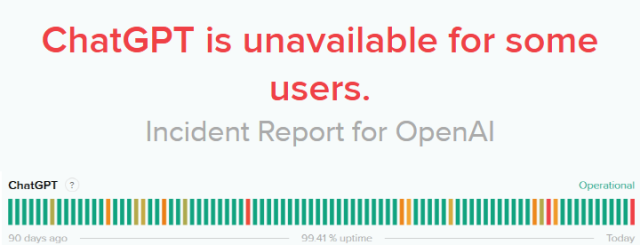 4일 공지된 챗GPT 장애발생 문구(위)와 스테이터스 현황 (ⓒ 오픈AI스테이터스 갈무리)