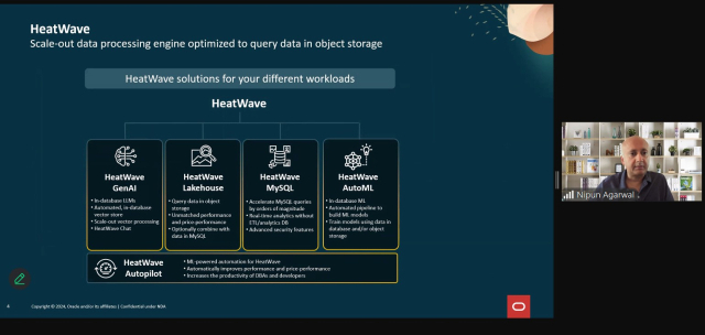 니푼 아가르왈 오라클 MySQL 및 히트웨이브 개발 담당 수석 부사장이 히트웨이브 생성형 AI에 대해 설명하고 있다.