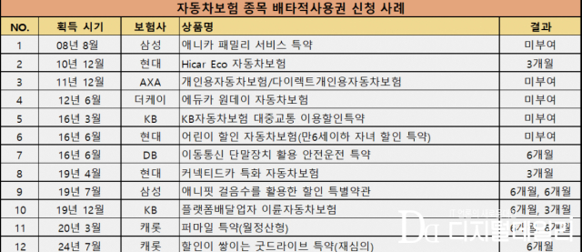 자동차보험 종목 배타적사용권 신청 사례. ⓒ디지털데일리