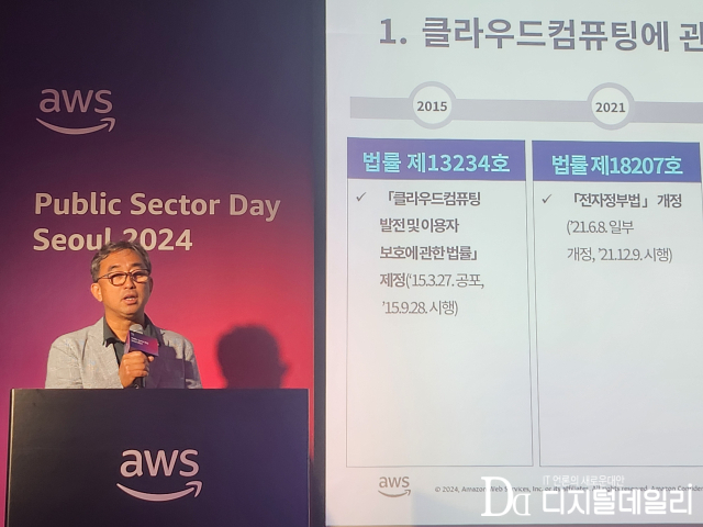 김진택 한국클라우드컴퓨팅연구조합(CCCR) 사무국장이 4일 삼성 코엑스에서 열린 AWS 퍼블릭 섹터 데이 서울 2024에서 연설하고 있다. [ⓒ디지털데일리]