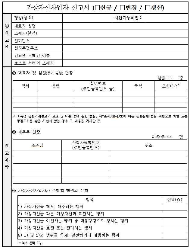 국내 가상자산사업자 신고서(신규·변경·갱신신고서) ⓒ금융위원회 금융정보분석원