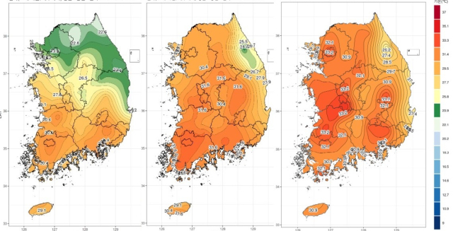 (왼쪽부터) 22년, 23년, 24년 9월4일 최고기온 변화 [ⓒ 기상청 기후감시예측정보 서비스]