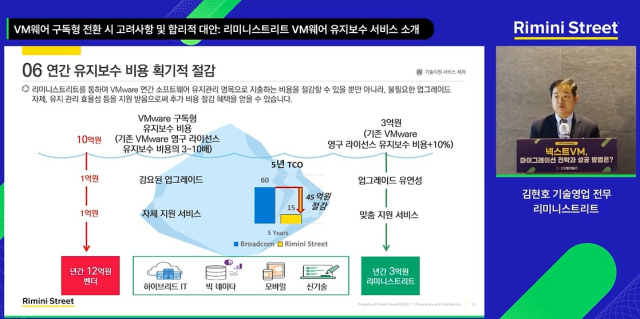 10일 디지털데일리 웨비나 플랫폼 'DD튜브'에서 'VM웨어 구독형 전환 시 고려사항 및 합리적 대안:리미니스트리트 VM웨어 유지보수 서비스 소개'를 주제로 발표한 리미니스트리트 김현호 기술영업 전무