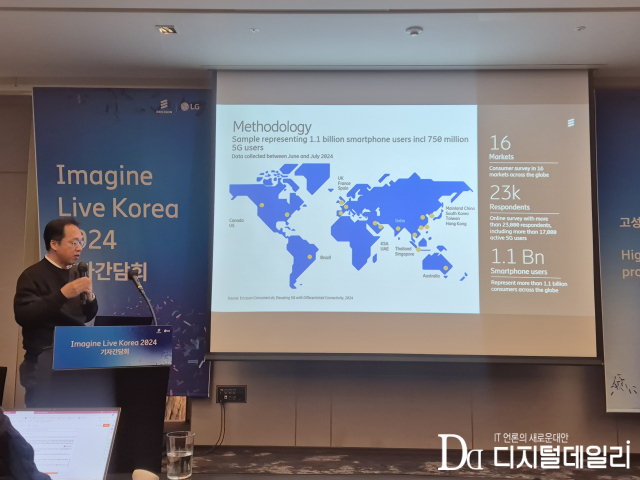박병성 에릭슨엘지 테크니컬 디렉터가 19일 오전 서울 서초구 JW메리어트 서울에서 열린 '에릭슨엘지 이매진 라이브 코리아 2024 기자간담회'에서 발표하고 있다.