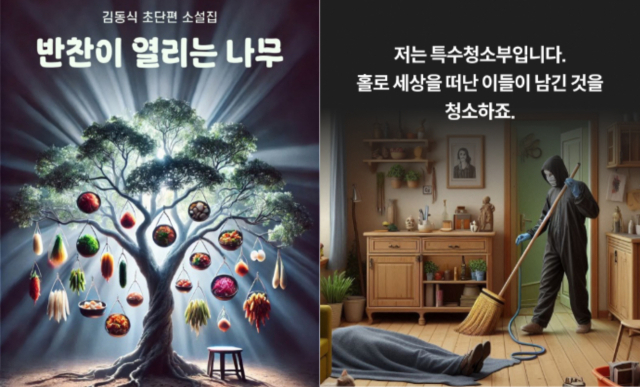 AI 밀키트 활용 사례. (왼쪽부터) 밀리로드 김동식 작가의《반찬이 열리는 나무》 표지와 카드뉴스 제작 사례 [ⓒ 밀리의서재]