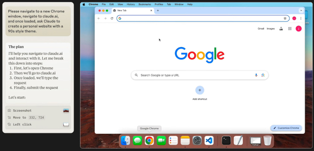 엔트로픽의 PC 제어 AI 에이전트 '컴퓨터 유즈' 데모, 사용자 명령에 따라 AI가 직접 크롬 브라우저를 열고 클로드 AI를 이용해 웹사이트 테마를 생성하는 과정이 시연됐다. [ⓒ 엔트로픽 유튜브 갈무리]