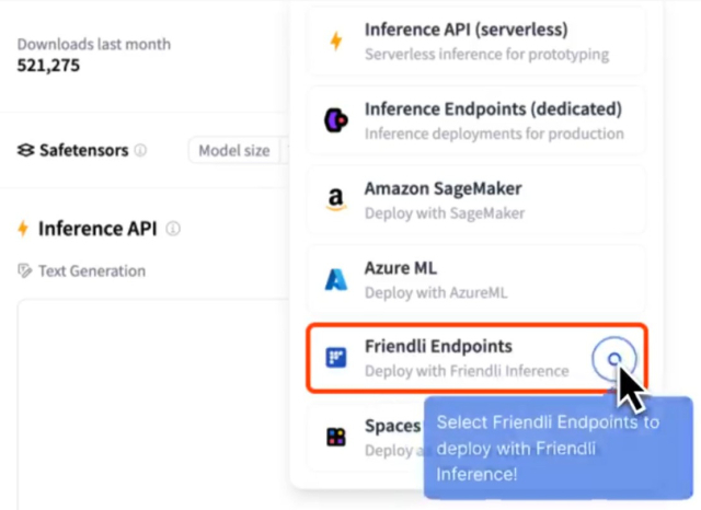 허깅페이스 배포 옵션에 등록된 프랜들리 앤드포인트 [ⓒ 프렌들리AI 소개 영상 갈무리]